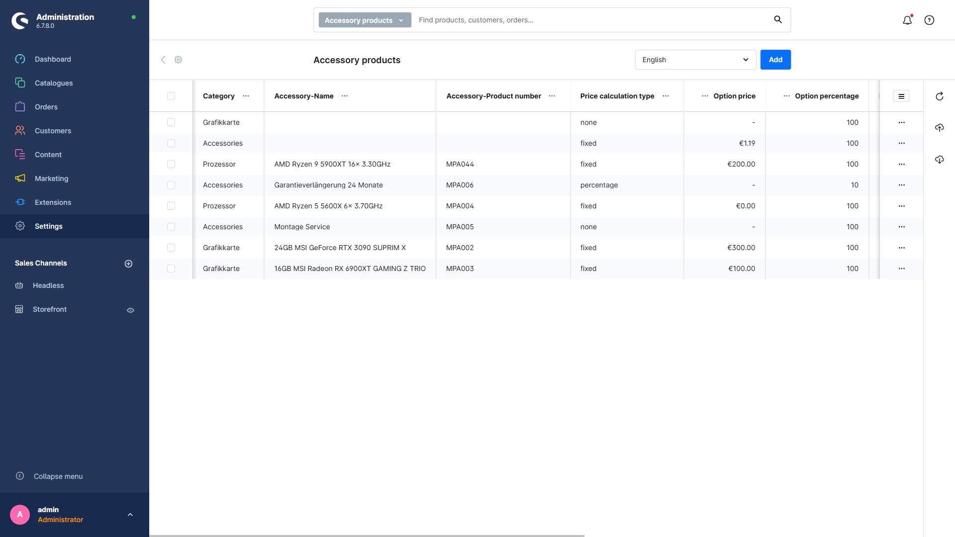 Zubehör Produkte Liste