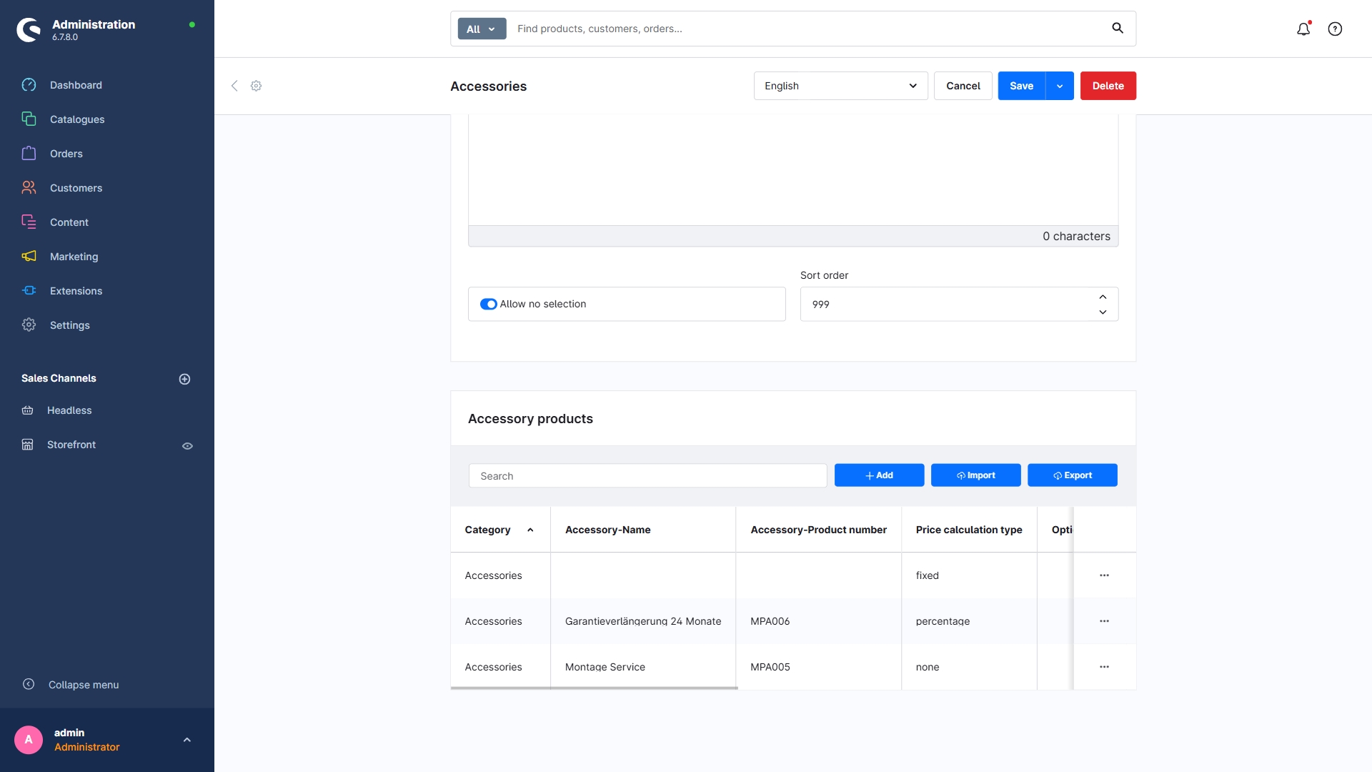 Zubehör Kategorien Detail