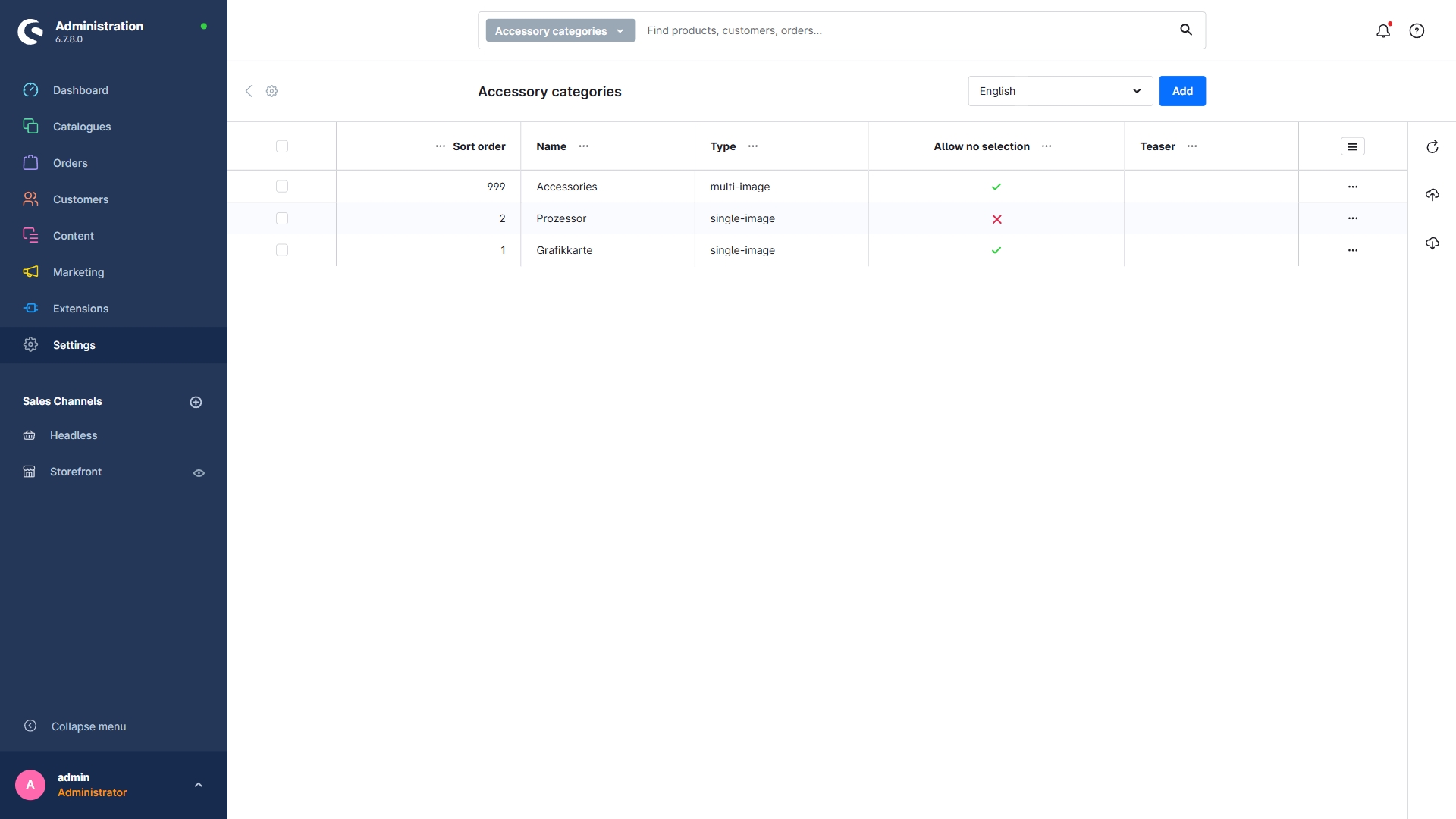 Zubehör Kategorien Liste
